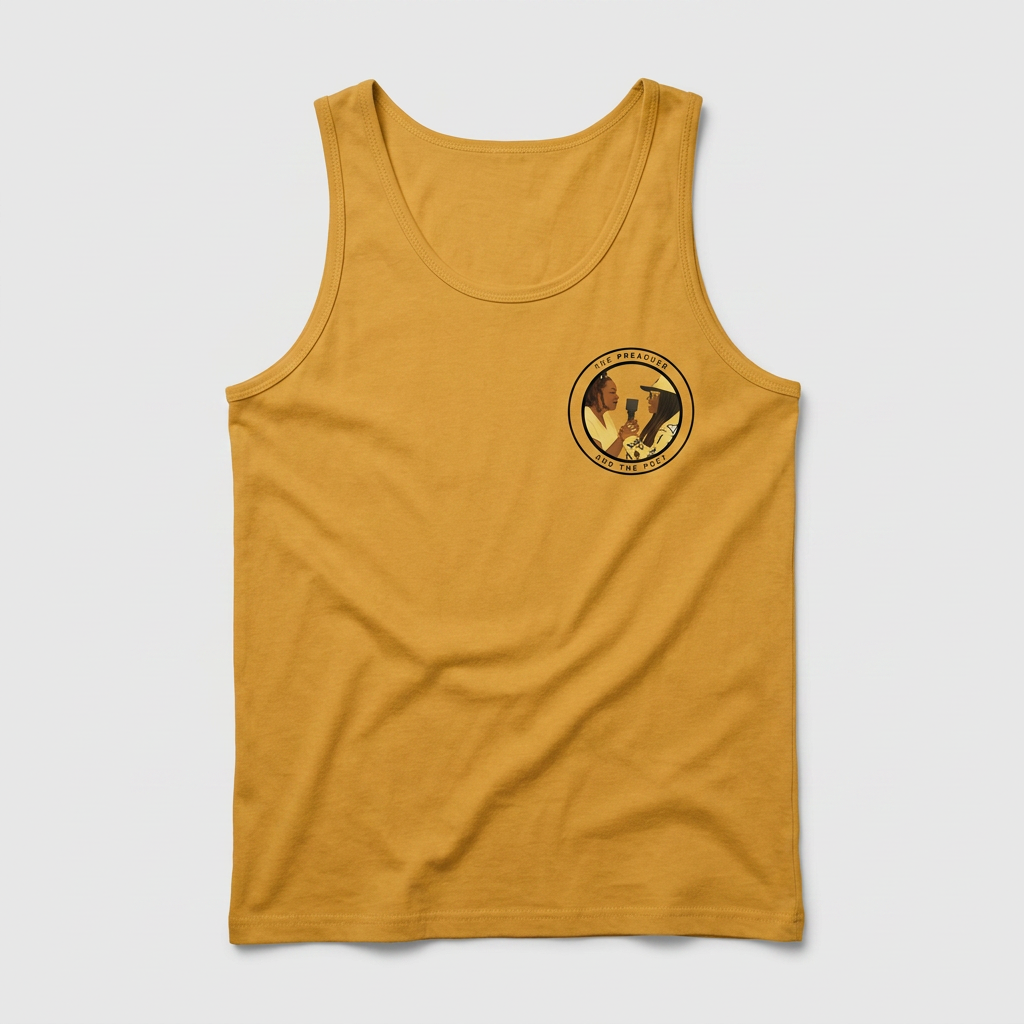 Gold tank top with the full-color The Preacher and the Poet circular logo on the right chest