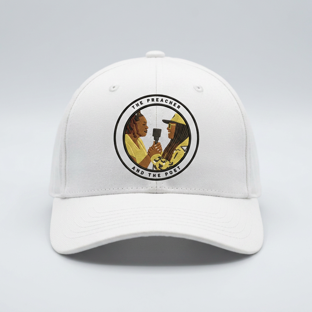 White fitted hat with the full-color The Preacher and the Poet circular logo centered on the front