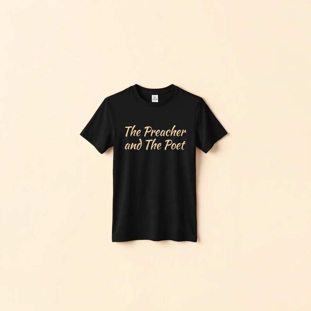 Black t-shirt with The Preacher and The Poet written in gold script